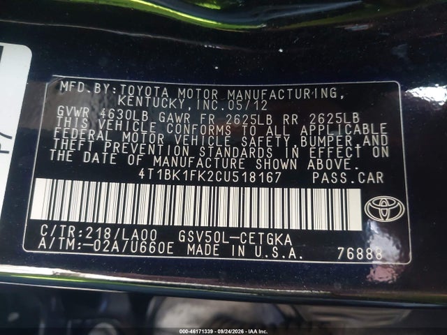 46171339 :رقم المزاد ، 4T1BK1FK2CU518167 vin ، 2012 Toyota Camry Xle V6 مزاد بيع