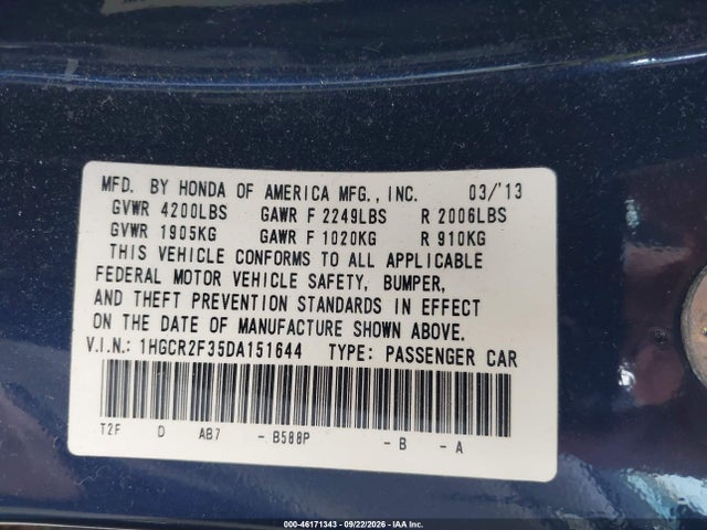 Продаж на аукціоні авто 2013 Honda Accord Lx, vin: 1HGCR2F35DA151644, номер лоту: 46171343