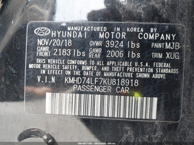 2019 Hyundai Elantra Se მანქანა იყიდება აუქციონზე, vin: KMHD74LF7KU818918, აუქციონის ნომერი: 46171351