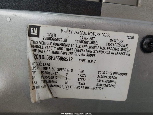 Продажа на аукционе авто 2006 Chevrolet Equinox Lt, vin: 2CNDL63F266058912, номер лота: 46171355