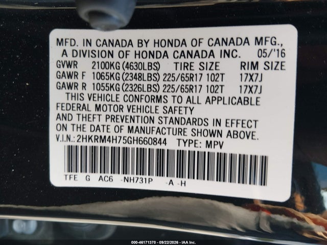 46171370 :رقم المزاد ، 2HKRM4H75GH660844 vin ، 2016 Honda Cr-v Ex-l مزاد بيع