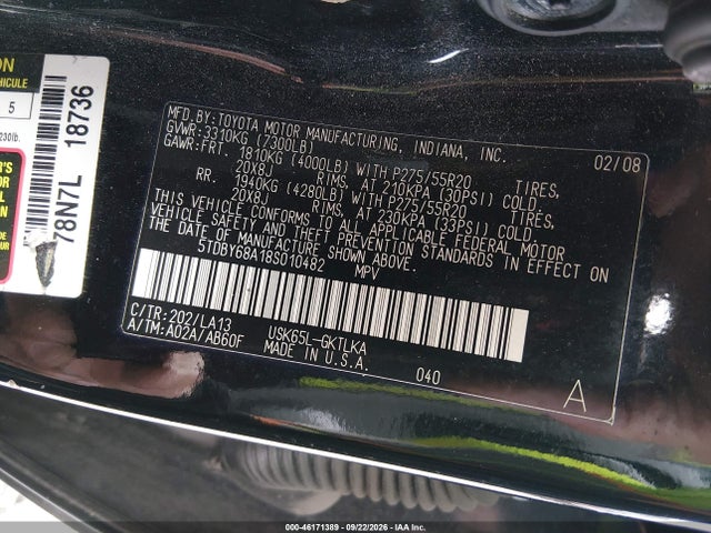 46171389 :رقم المزاد ، 5TDBY68A18S010482 vin ، 2008 Toyota Sequoia Limited 5.7l V8 مزاد بيع