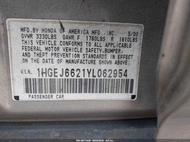 Aukcja sprzedaży 2000 Honda Civic Dx, vin: 1HGEJ6621YL062954, numer aukcji: 46171429