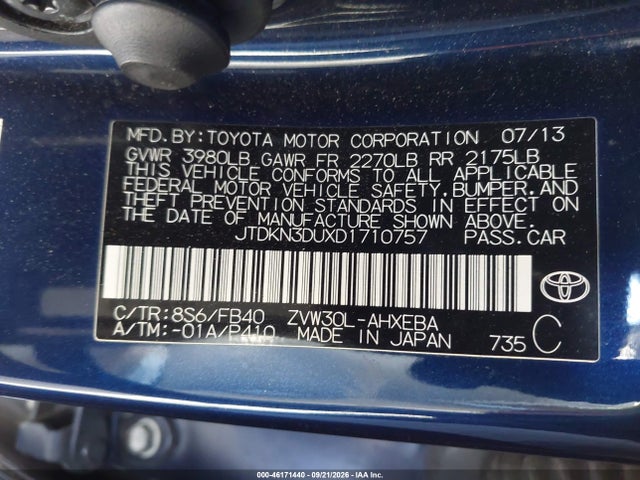 46171440 :رقم المزاد ، JTDKN3DUXD1710757 vin ، 2013 Toyota Prius Two مزاد بيع