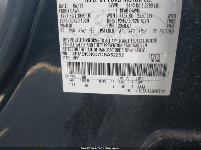 46171445 :رقم المزاد ، 2FMDK3KC7DBA52262 vin ، 2013 Ford Edge Limited مزاد بيع