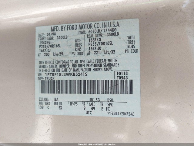 46171446 :رقم المزاد ، 1FTRF18L3WKB52412 vin ، 1998 Ford F-150 Lariat/standard/xl/xlt مزاد بيع