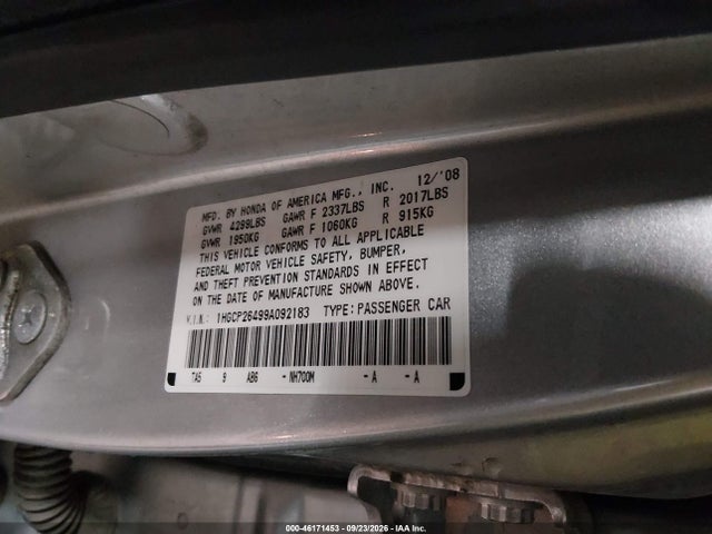 2009 Honda Accord 2.4 Lx-p მანქანა იყიდება აუქციონზე, vin: 1HGCP26499A092183, აუქციონის ნომერი: 46171453
