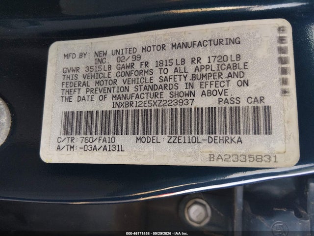 Aukcja sprzedaży 1999 Toyota Corolla Ve, vin: 1NXBR12E5XZ223937, numer aukcji: 46171458