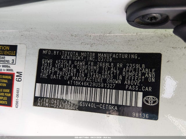 46171464 :رقم المزاد ، 4T1BK46K29U581327 vin ، 2009 Toyota Camry Xle V6 مزاد بيع