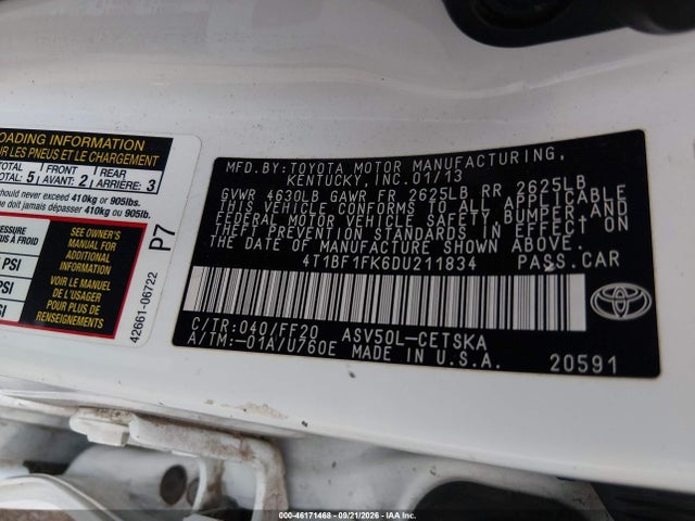 46171468 :رقم المزاد ، 4T1BF1FK6DU211834 vin ، 2013 Toyota Camry Se مزاد بيع