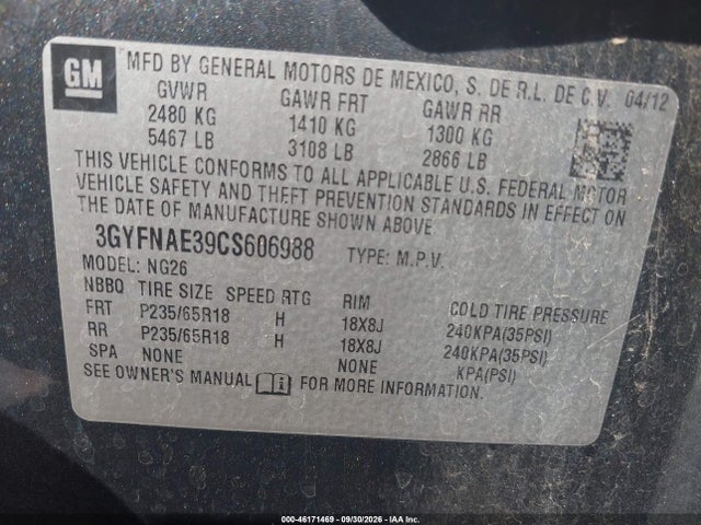 Aukcja sprzedaży 2012 Cadillac Srx Luxury Collection, vin: 3GYFNAE39CS606988, numer aukcji: 46171469