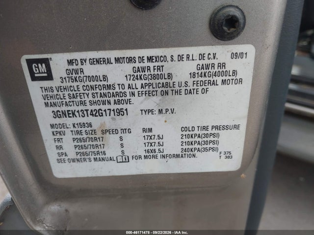 Aukcja sprzedaży 2002 Chevrolet Avalanche K1500, vin: 3GNEK13T42G171951, numer aukcji: 46171478