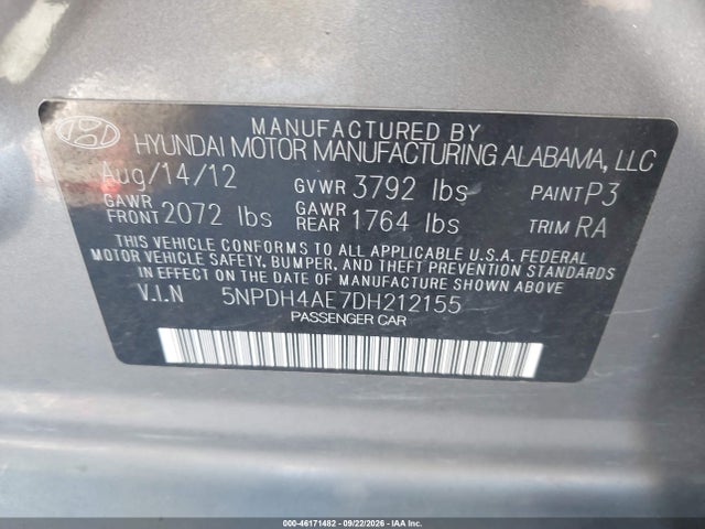 Продаж на аукціоні авто 2013 Hyundai Elantra Limited, vin: 5NPDH4AE7DH212155, номер лоту: 46171482
