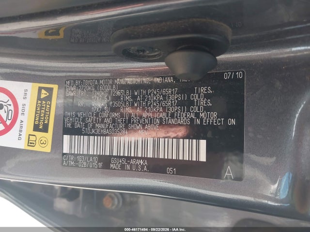 2010 Toyota Highlander Se V6 მანქანა იყიდება აუქციონზე, vin: 5TDJK3EH8AS035284, აუქციონის ნომერი: 46171494