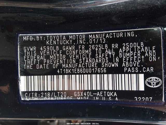 46171500 :رقم المزاد ، 4T1BK1EB6DU017656 vin ، 2013 Toyota Avalon Xle Touring مزاد بيع