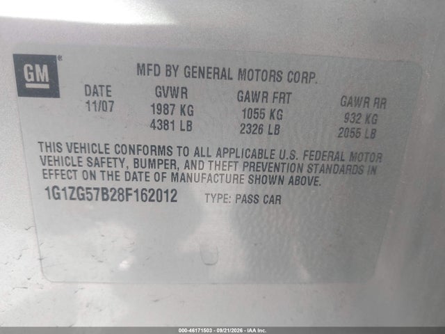 46171503 :رقم المزاد ، 1G1ZG57B28F162012 vin ، 2008 Chevrolet Malibu Ls مزاد بيع
