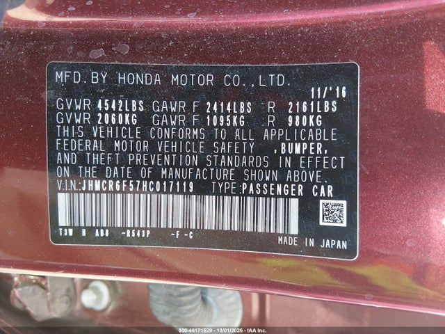 Aukcja sprzedaży 2017 Honda Accord Hybrid Ex-l, vin: JHMCR6F57HC017119, numer aukcji: 46171529