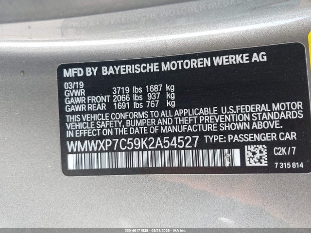 46171539 :رقم المزاد ، WMWXP7C59K2A54527 vin ، 2019 Mini Hardtop Cooper S مزاد بيع