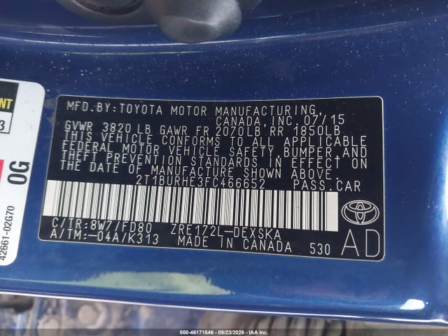 2015 Toyota Corolla S მანქანა იყიდება აუქციონზე, vin: 2T1BURHE3FC466652, აუქციონის ნომერი: 46171546