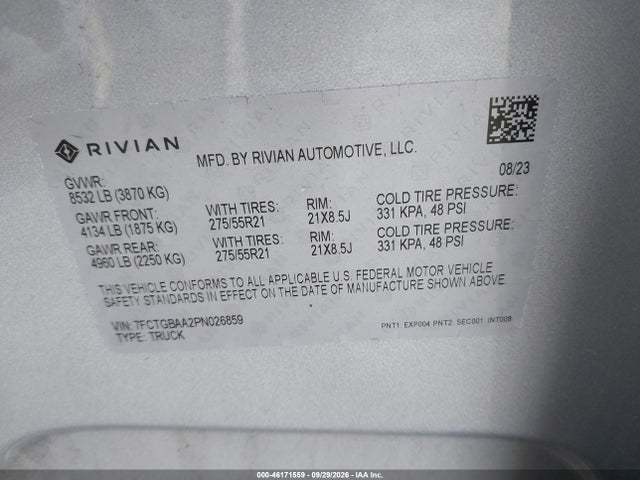 Продаж на аукціоні авто 2023 Rivian R1t Adventure/adventure Dual Motor Large Pack/adventure Dual Motor Max Pack, vin: 7FCTGBAA2PN026859, номер лоту: 46171559