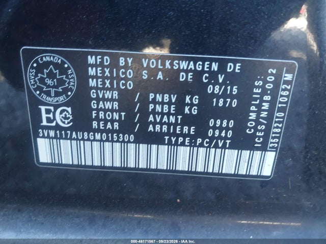2016 Volkswagen Golf Tsi S 4-door მანქანა იყიდება აუქციონზე, vin: 3VW117AU8GM015300, აუქციონის ნომერი: 46171567