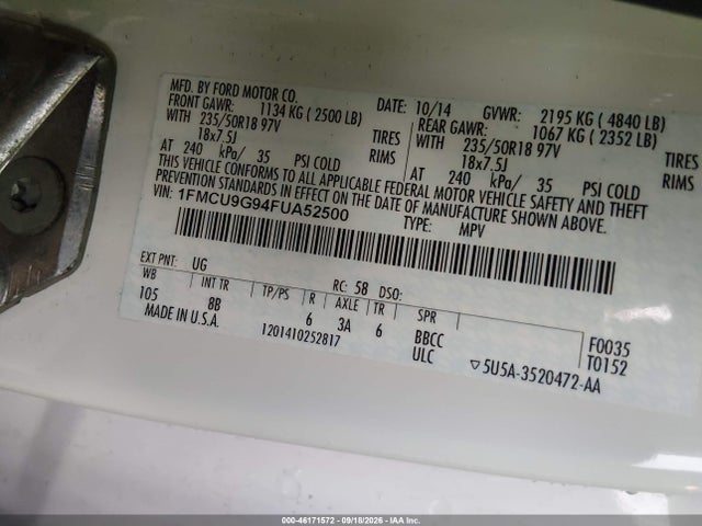 46171572 :رقم المزاد ، 1FMCU9G94FUA52500 vin ، 2015 Ford Escape Se مزاد بيع