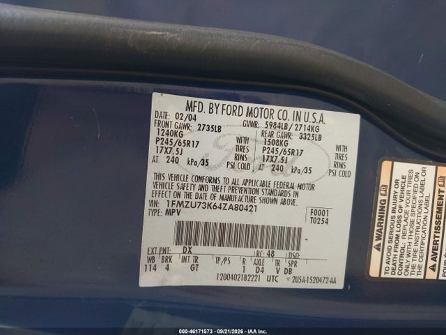 2004 Ford Explorer Nbx/xlt მანქანა იყიდება აუქციონზე, vin: 1FMZU73K64ZA80421, აუქციონის ნომერი: 46171573