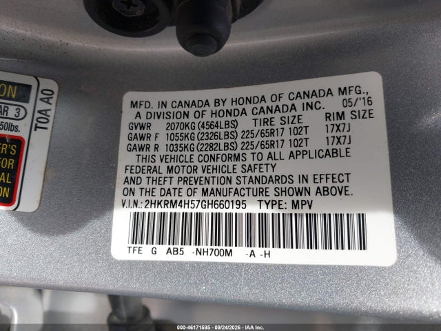 2016 Honda Cr-v Ex მანქანა იყიდება აუქციონზე, vin: 2HKRM4H57GH660195, აუქციონის ნომერი: 46171585
