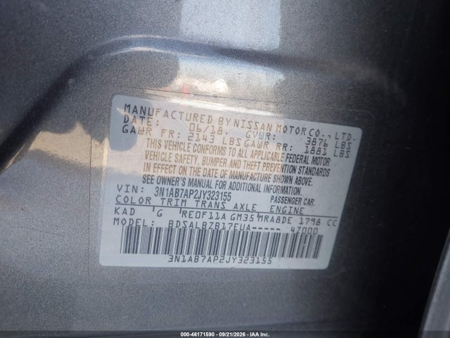Продаж на аукціоні авто 2018 Nissan Sentra S, vin: 3N1AB7AP2JY323155, номер лоту: 46171590