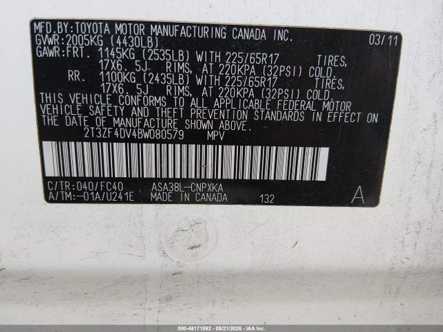 Aukcja sprzedaży 2011 Toyota Rav4, vin: 2T3ZF4DV4BW080579, numer aukcji: 46171592
