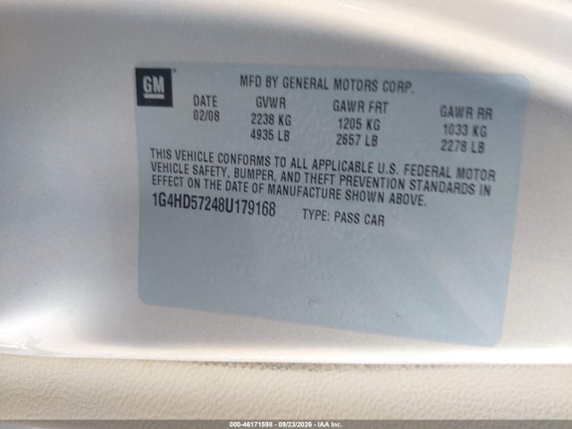 Aukcja sprzedaży 2008 Buick Lucerne Cxl, vin: 1G4HD57248U179168, numer aukcji: 46171598