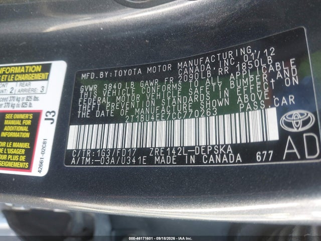 Auction sale of the 2012 Toyota Corolla S, vin: 2T1BU4EE7CC770263, lot number: 46171601