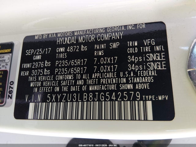 Aukcja sprzedaży 2018 Hyundai Santa Fe Sport 2.4l, vin: 5XYZU3LB8JG542579, numer aukcji: 46171610