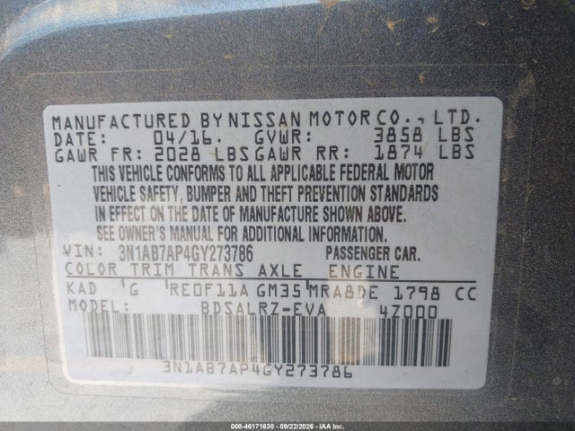 Aukcja sprzedaży 2016 Nissan Sentra Fe+ S/s/sl/sr/sv, vin: 3N1AB7AP4GY273786, numer aukcji: 46171630