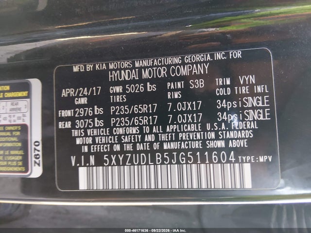 5XYZUDLB5JG511604 Hyundai Santa Fe Sport 2.4l