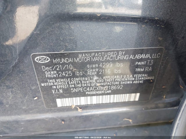 Aukcja sprzedaży 2011 Hyundai Sonata Limited, vin: 5NPEC4ACXBH218692, numer aukcji: 46171644