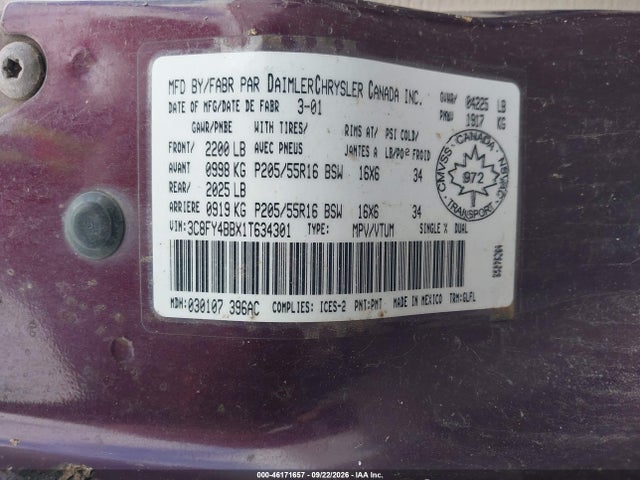 46171657 :رقم المزاد ، 3C8FY4BBX1T634301 vin ، 2001 Chrysler Pt Cruiser مزاد بيع