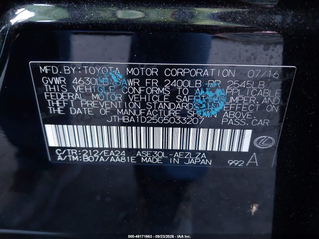 Aukcja sprzedaży 2016 Lexus Is 200t, vin: JTHBA1D25G5033207, numer aukcji: 46171663