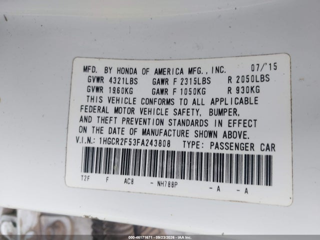 2015 Honda Accord Sport მანქანა იყიდება აუქციონზე, vin: 1HGCR2F53FA243808, აუქციონის ნომერი: 46171671