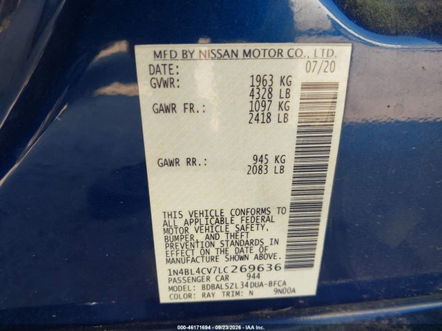46171694 :رقم المزاد ، 1N4BL4CV7LC269636 vin ، 2020 Nissan Altima Sr Fwd مزاد بيع