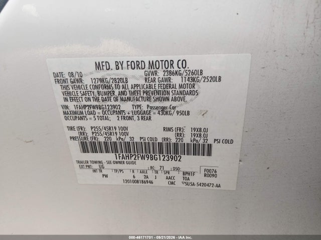 2011 Ford Taurus Limited მანქანა იყიდება აუქციონზე, vin: 1FAHP2FW9BG123902, აუქციონის ნომერი: 46171701