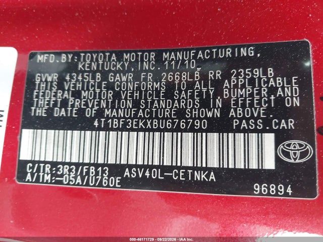 Продажа на аукционе авто 2011 Toyota Camry Le, vin: 4T1BF3EKXBU676790, номер лота: 46171729