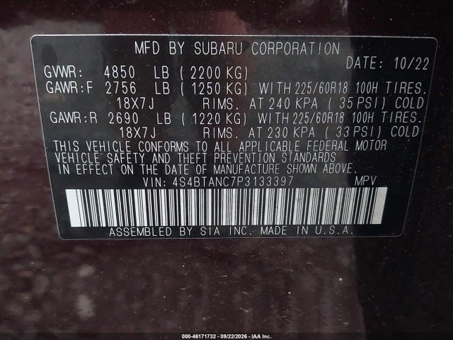 Продаж на аукціоні авто 2023 Subaru Outback Limited, vin: 4S4BTANC7P3133397, номер лоту: 46171732