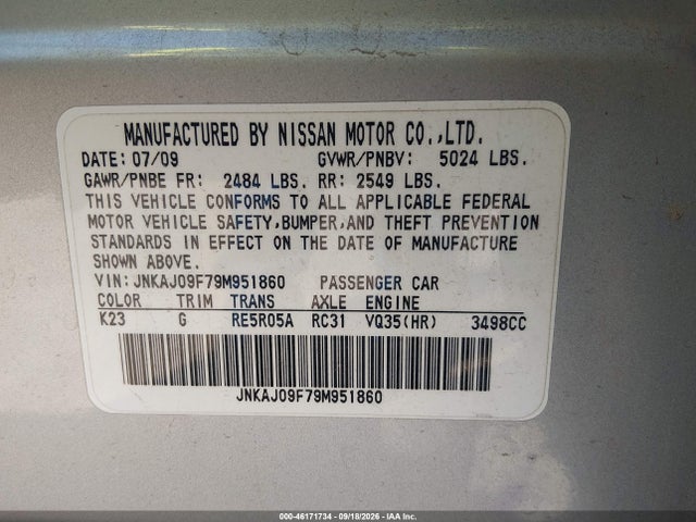2009 Infiniti Ex35 Journey მანქანა იყიდება აუქციონზე, vin: JNKAJ09F79M951860, აუქციონის ნომერი: 46171734
