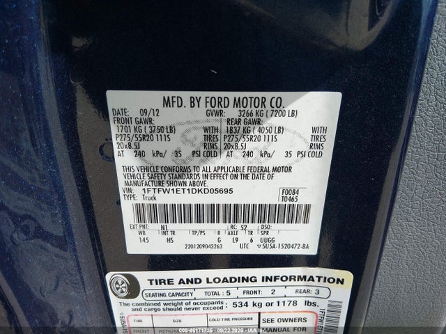2013 Ford F-150 Lariat მანქანა იყიდება აუქციონზე, vin: 1FTFW1ET1DKD05695, აუქციონის ნომერი: 46171735
