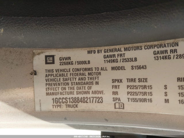 2004 Chevrolet Colorado Ls მანქანა იყიდება აუქციონზე, vin: 1GCCS138848217723, აუქციონის ნომერი: 46171740