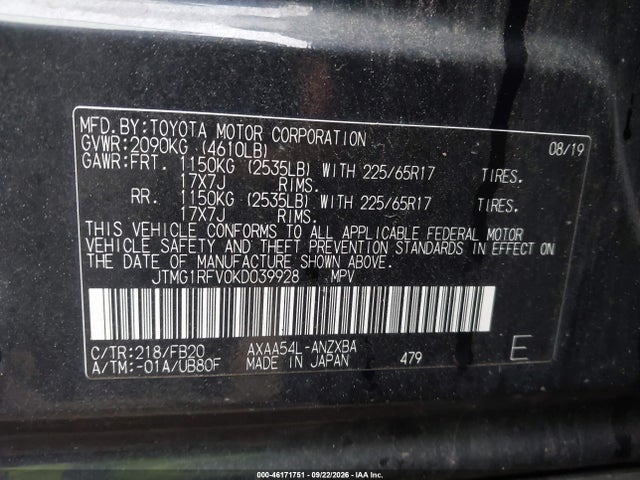 46171751 :رقم المزاد ، JTMG1RFV0KD039928 vin ، 2019 Toyota Rav4 Le مزاد بيع