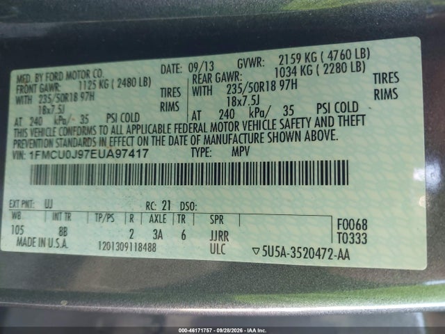46171757 :رقم المزاد ، 1FMCU0J97EUA97417 vin ، 2014 Ford Escape Titanium مزاد بيع