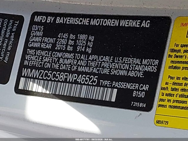 46171761 :رقم المزاد ، WMWZC5C58FWP46525 vin ، 2015 Mini Countryman Cooper S مزاد بيع