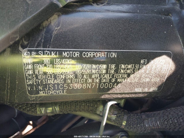 2022 Suzuki Gsx-s750 M/z მანქანა იყიდება აუქციონზე, vin: JS1C533D8N7100046, აუქციონის ნომერი: 46171769